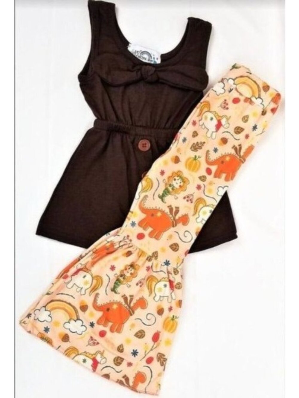 Brown Sleeveless Top & Dinosaur Print Ruffle Pants Set For Toddlers Size XS (12-